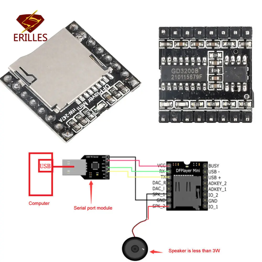 DFFirst-Mini lecteur MP3 pour Ardu37, carte TF, disque U, carte audio vocale, IO, port série, AD, kit de bricolage