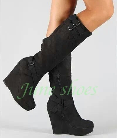 Damen Retro-Stil Schwarze Plateau-Stiefel mit Schnallenverschluss und Reißverschluss aus Wildleder, Runway Sexy Vintage Y2K-Stil Schuhe Größe 34-46