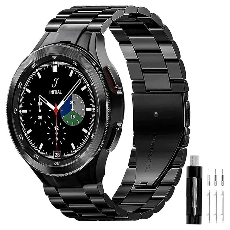 Samsung Galaxy Watch 6 5 4 Stainless Steel Watch Band Three Bead Metal Replacement Strap black