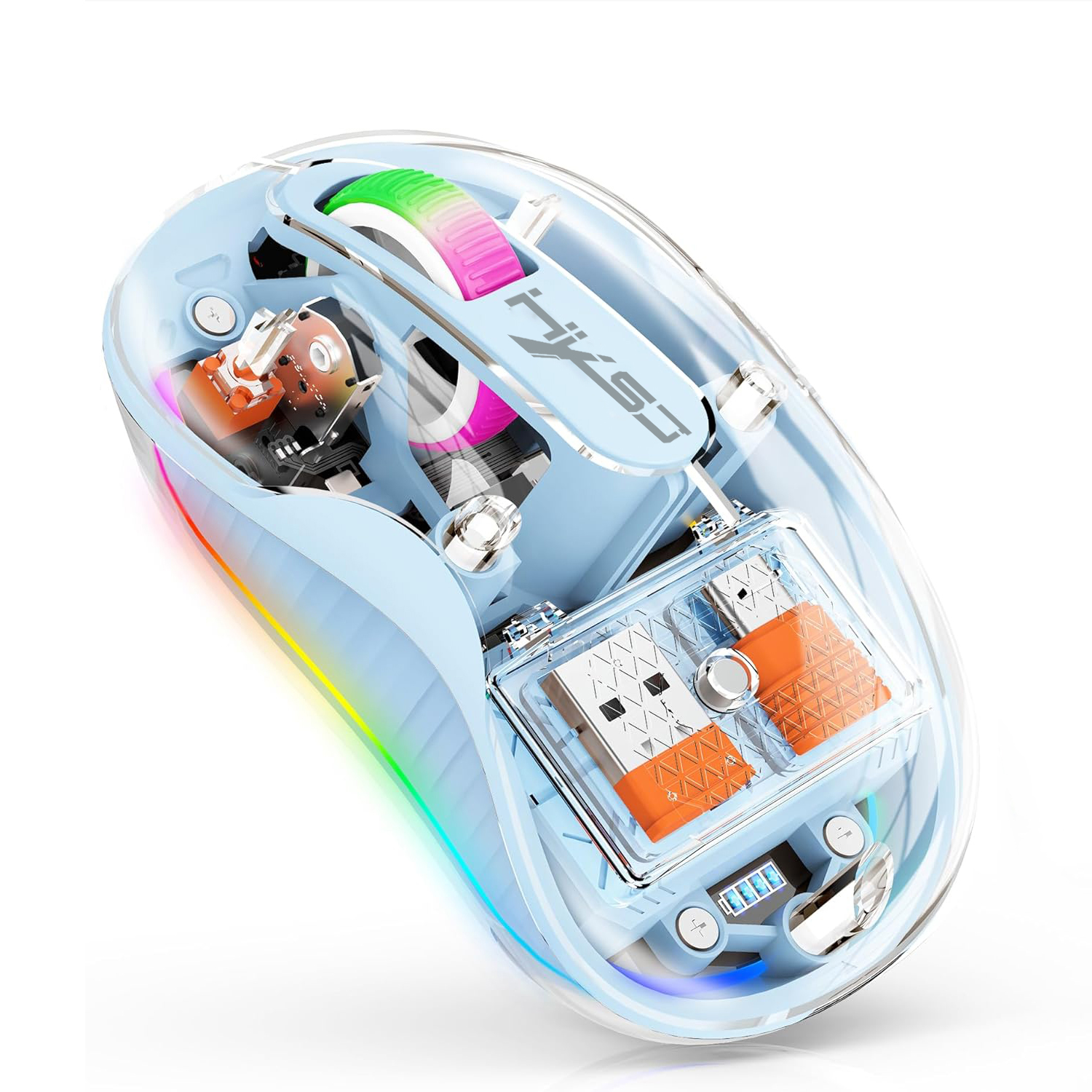 Transparent Wireless Mouse Tri Mode Silent Rechargeable Bluetooth Mouse blue