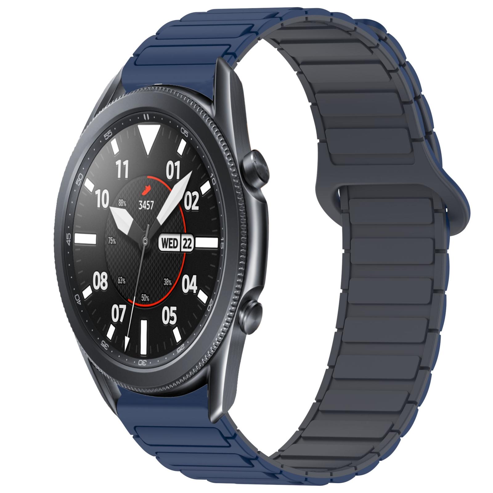 Samsung Galaxy Watch3 45mm Magnetic Silicone Watch Band Dual Color Adjustable Replacement Strap blue+grey