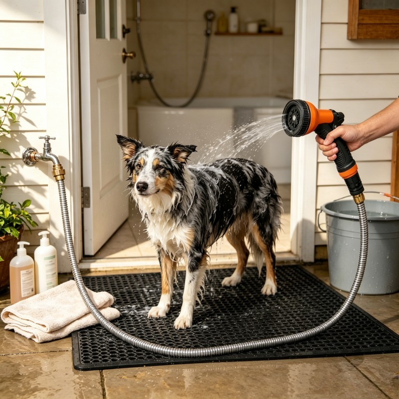 Metal Garden Hose With Pattern Spray Nozzle Flexible Stainless Steel Garden Hose For Outdoor Watering Metal Garden Hose With Pattern Spray Nozzle Flexible Stainless Steel Garden Hose For Outdoor Watering