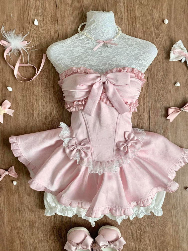 Kawaii Pink Lolita Bow Lace Strapless Evening Dress xl