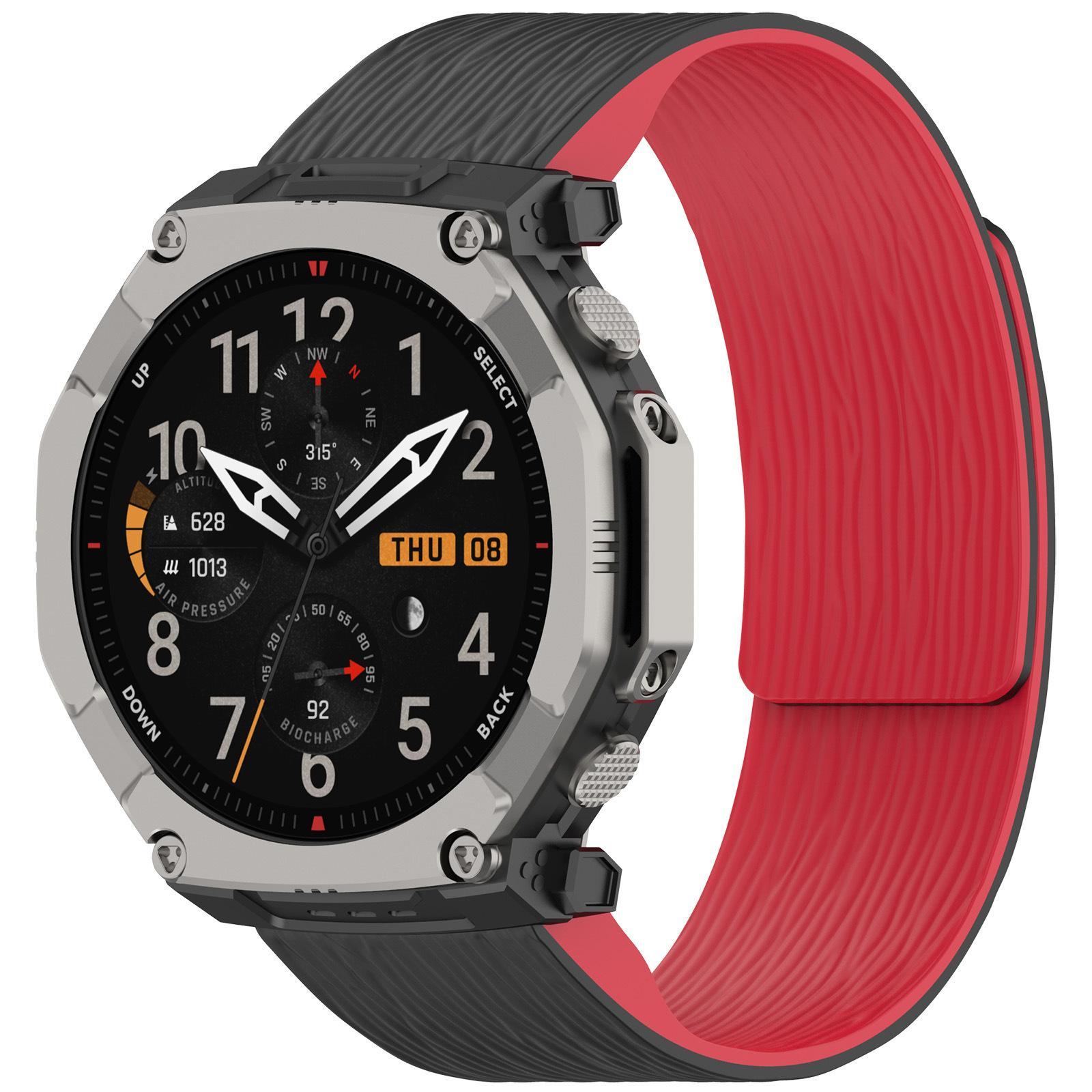 Amazfit T Rex Ultra 2 Magnetic Silicone Watch Band Pleated Texture Adjustable Replacement Strap black Red