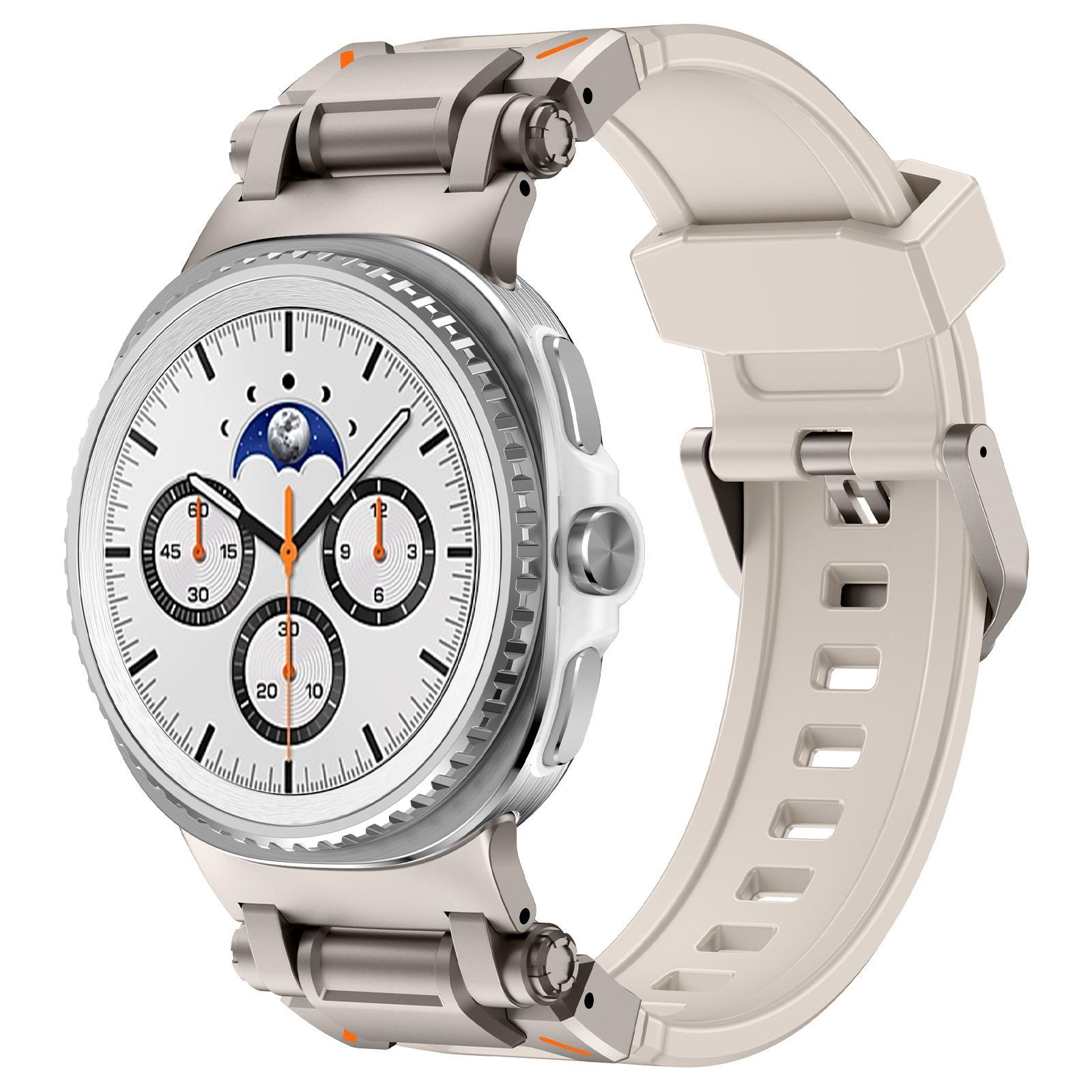 Samsung Galaxy Watch 8 Classic Silicone Watch Band With Explorer Metal Connector Adjustable Replacement Strap titanium Starlight