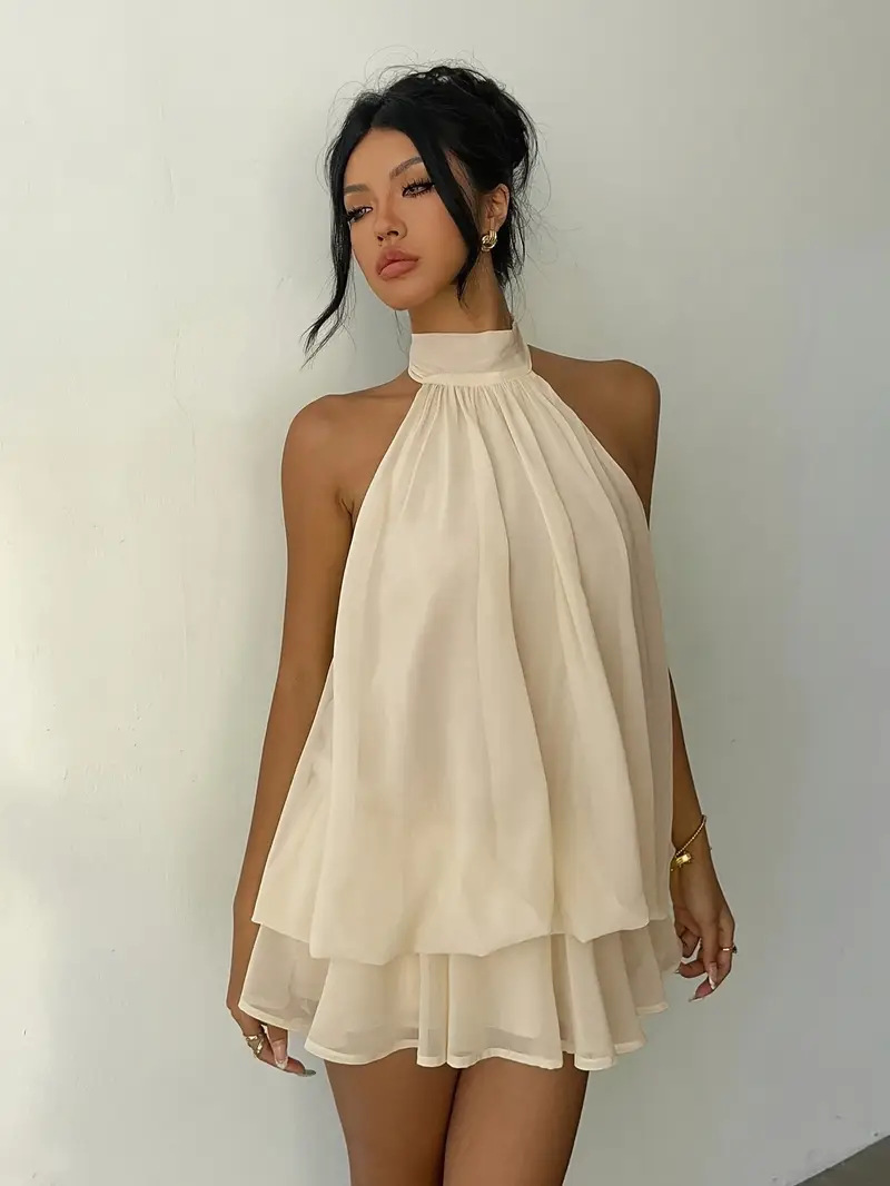 Elegant Halter Neck Dress Backless Chiffon Mini Dress For Parties, Birthdays & Fashion khaki s