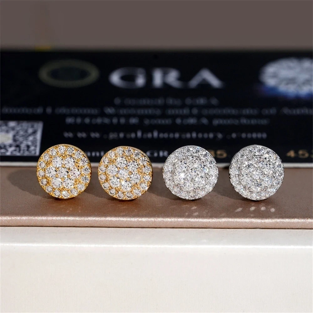 Vollständig mit Moissanit besetzte D-farbene Hip-Hop-Ohrringe für Damen, runde Ohrstecker aus 925er Silber mit Schraubverschluss, hochwertiger edler Schmuck für Damen und Herren, Geschenk.