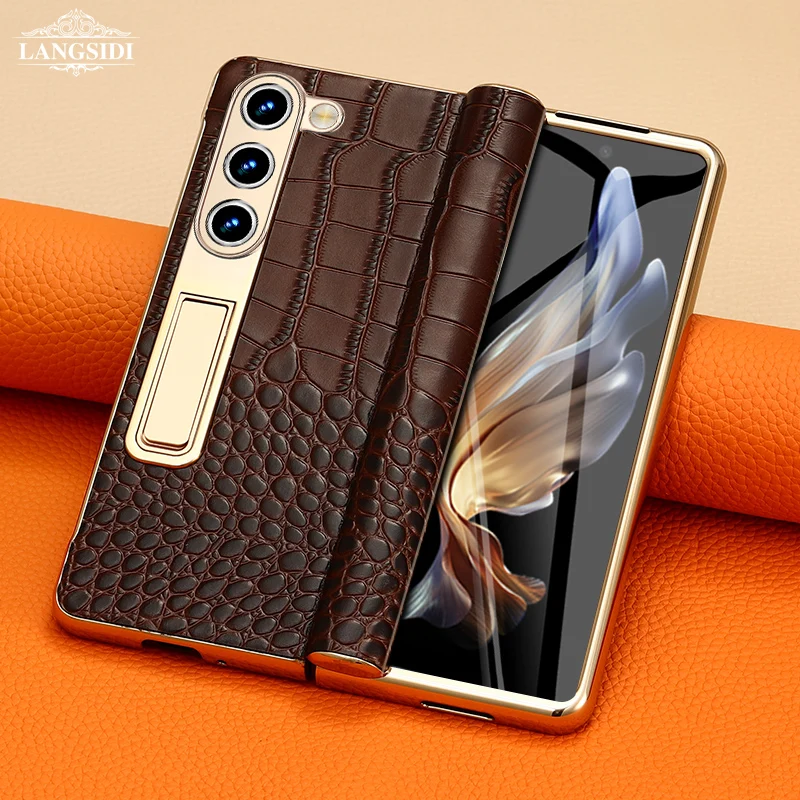 LANGSIDI Ledertasche für Samsung Galaxy Z Fold 6 5 4 3 Fold6 Fold5 Vergoldung Magnetscharnier Standabdeckung mit Spiegelfolie