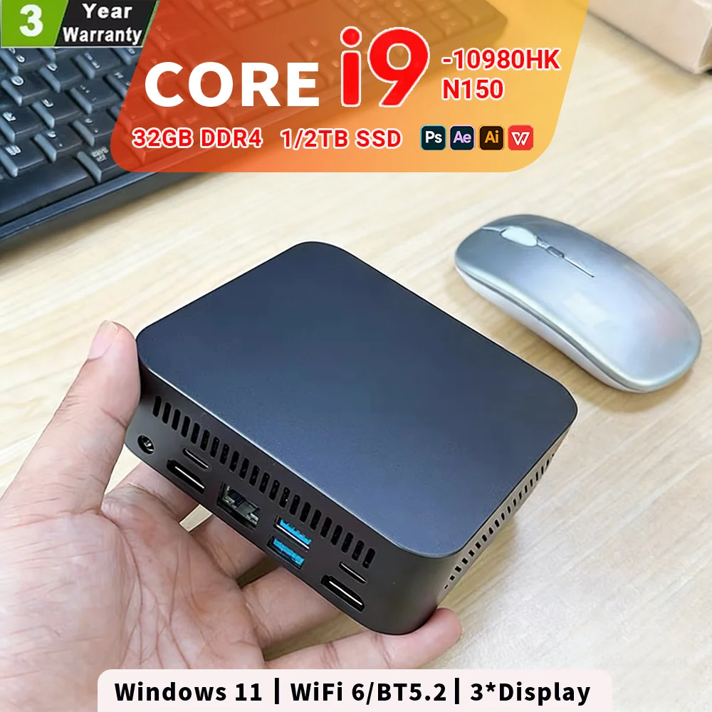 NEW Core I9-10980HK/N150 Portable Mini PC Computer Windows 11 32GB DDR4 1/2TB SSD Gaming Computer WiFi 6 Office Mini Desktop