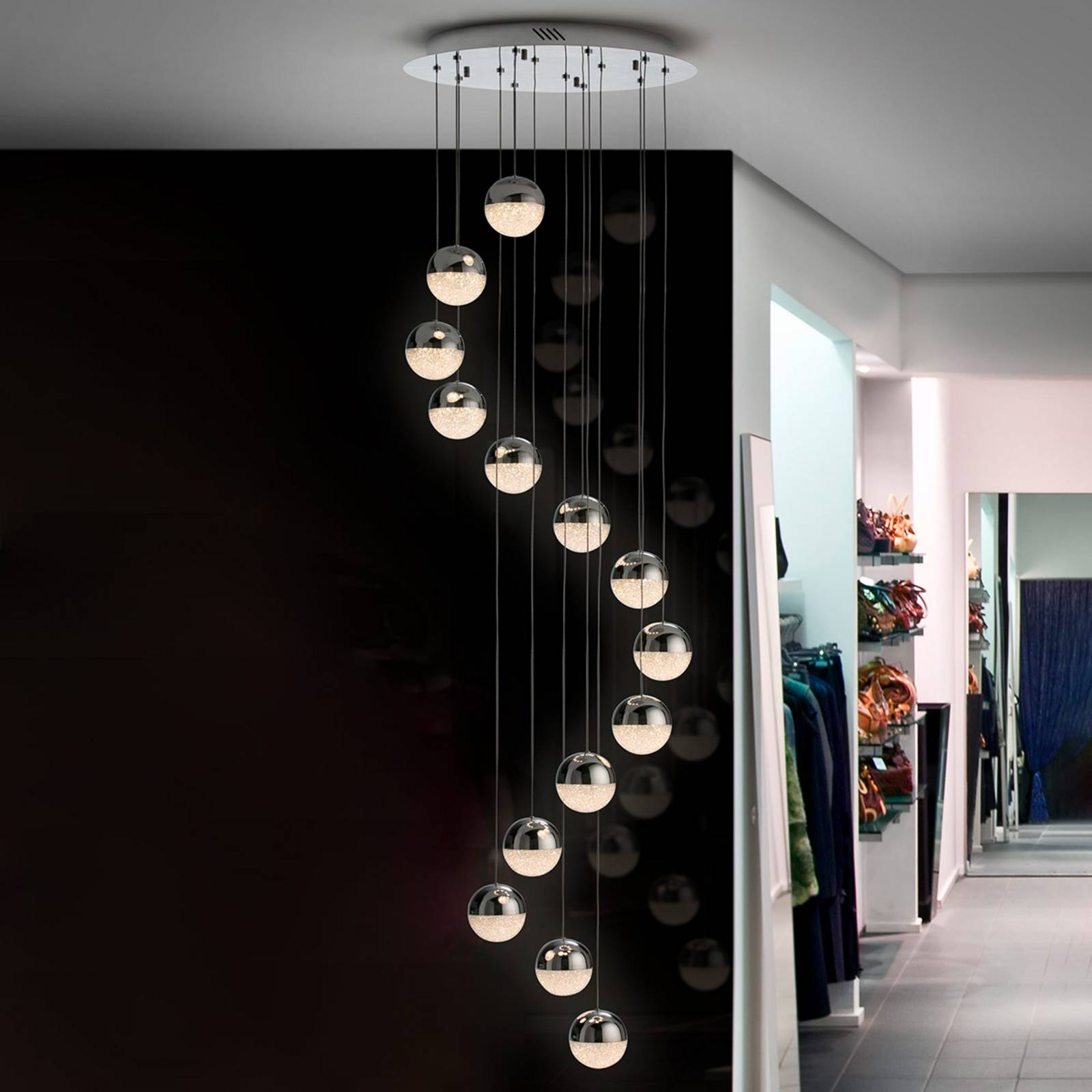 Schuller Valencia Lampada LED a sospensione Sphere 14 luci cromo app Sphere, dimmerabile, Cromo / Argento, Soggiorno / Sala da pranzo, Metallo, Design