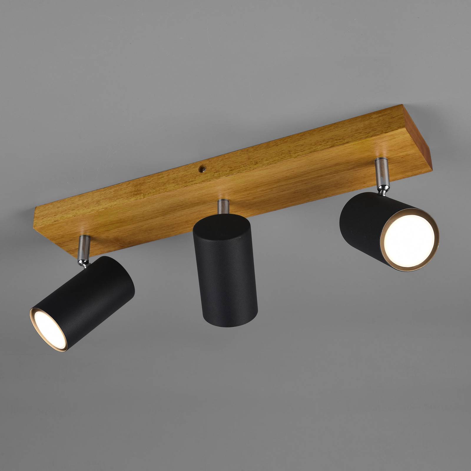 Trio Lighting Faretto da soffitto Marley, nero opaco, a 3 luci dimmerabile, Legno chiaro, Soggiorno / Sala da pranzo, Metallo, Moderno, Faretto