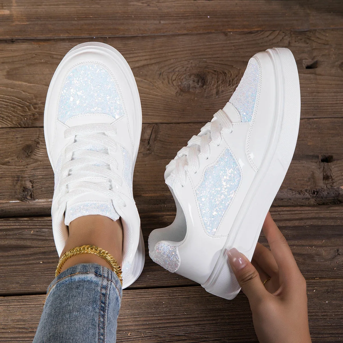 DJSUNNYMIX Lässige Sneakers für Damen mit Glänzenden Pailletten, Modischer Trend, Sportschuhe, Leichtgewichtig, Große Größen, Flache Sohle Damenschuhe