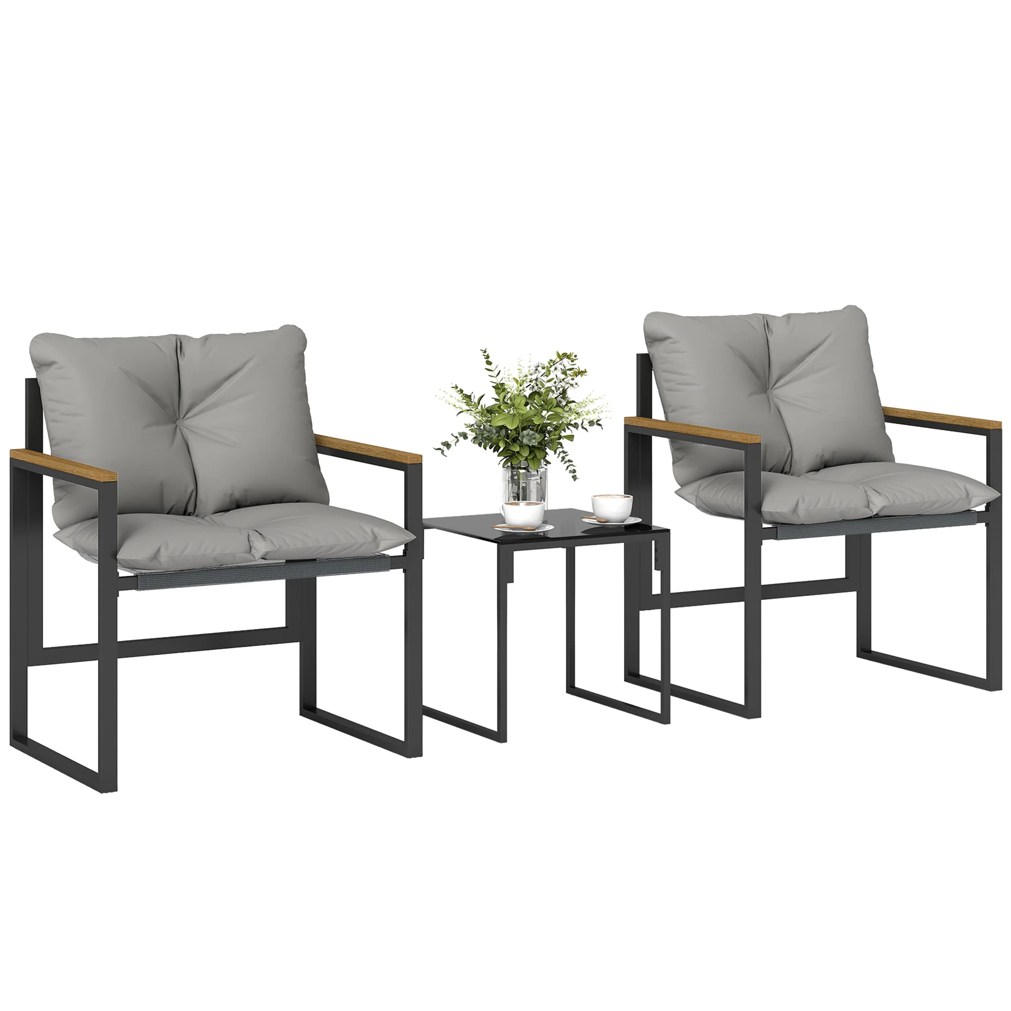 Outsunny 3-teiliges Garten-Lounge-Set mit 2 Sessel und 1 Couchtisch, gehärteter Glasplatte und Kissen, Grau