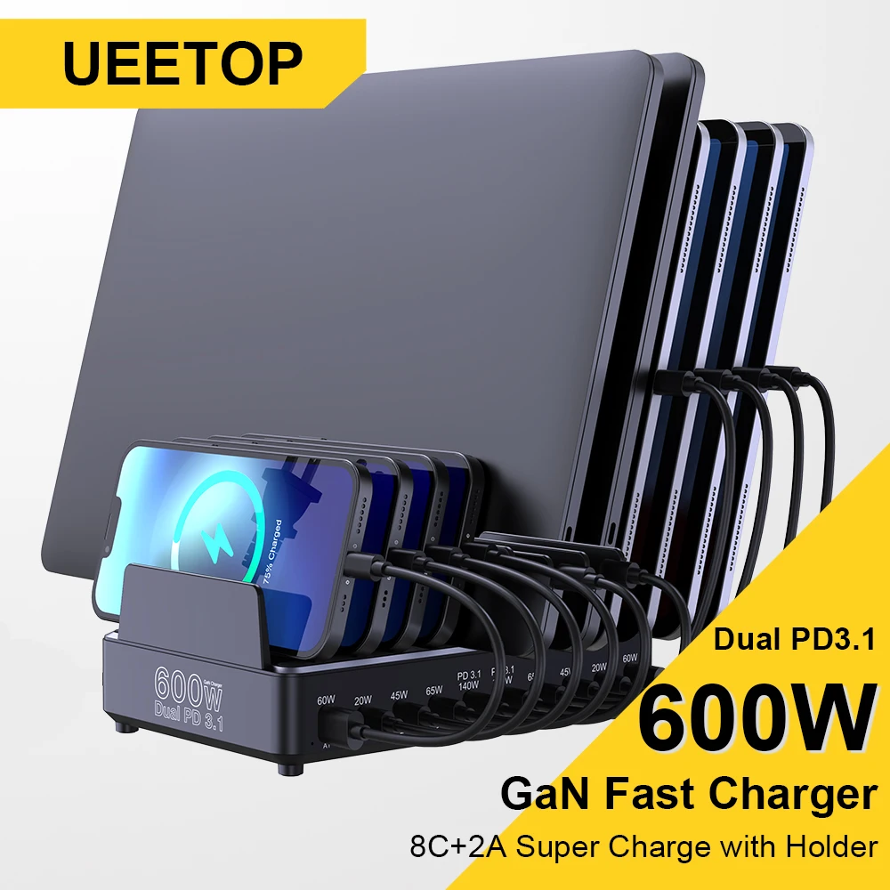 Ueetop 600 W Multi-USB-Schnellladegerät 10-Port GaN PD 3.1 Ladestation Ständer für MacBook iPhone 16 15 iPad Samsung Tablet Laptop