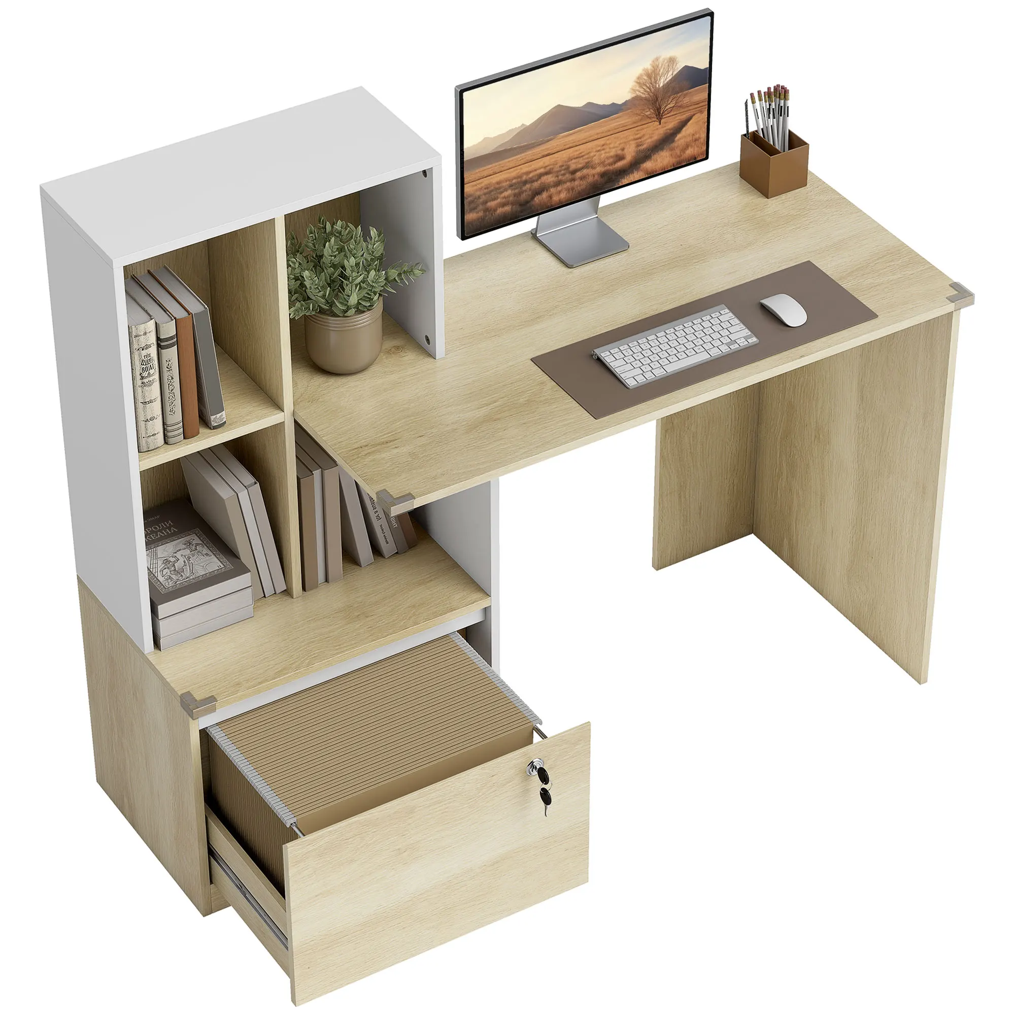 HOMCOM Computertisch mit 4-Fach-Bücherrack und abschließbarer Schublade, 126x50 cm, Eiche und Weiß