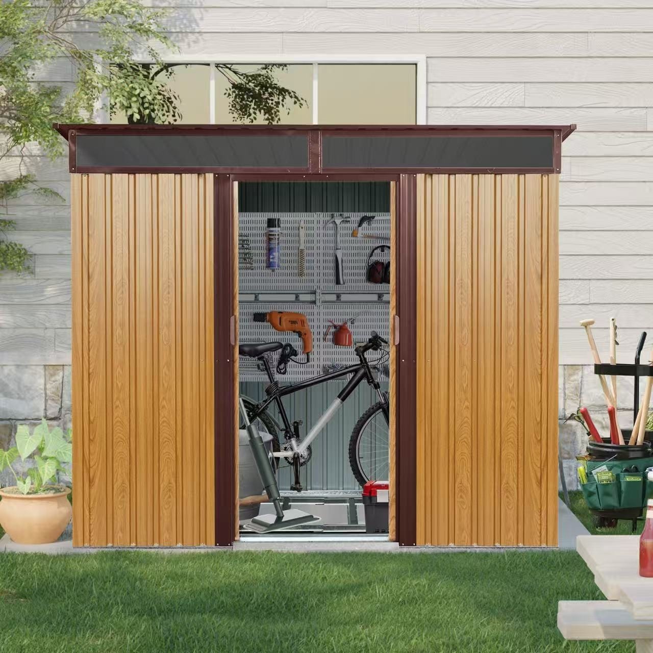 8ft x 6ft Outdoor Metal Storage with Lockable Sliding Doors and Transparent plate for Garden, Lawn