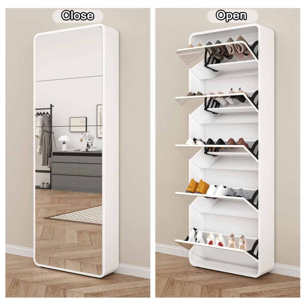 Spiegelschuhschrank mit 5 Klappschubladen, Gebogenes Design Verspiegelter Schuhschrank, Freistehender Kippbarer Schuhorganizer für den Eingangsbereich, Weiß