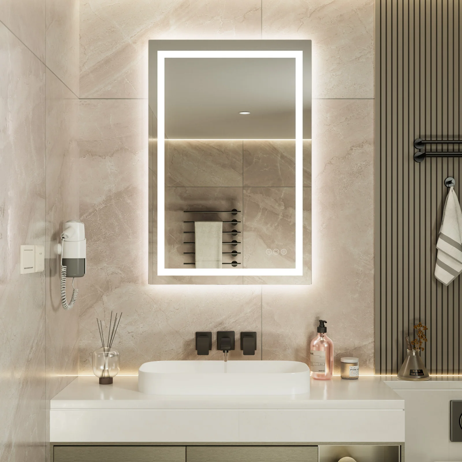 80x60 / 90x60 / 100x60cm Badspiegel LED, Badezimmerspiegel mit Beleuchtung 35W, 4mm Gehärtetes Glas, Wandspiegel LED mit Front- & Hintergrundbeleuchtung, 3 Farben Dimmbar, Antibeschlag