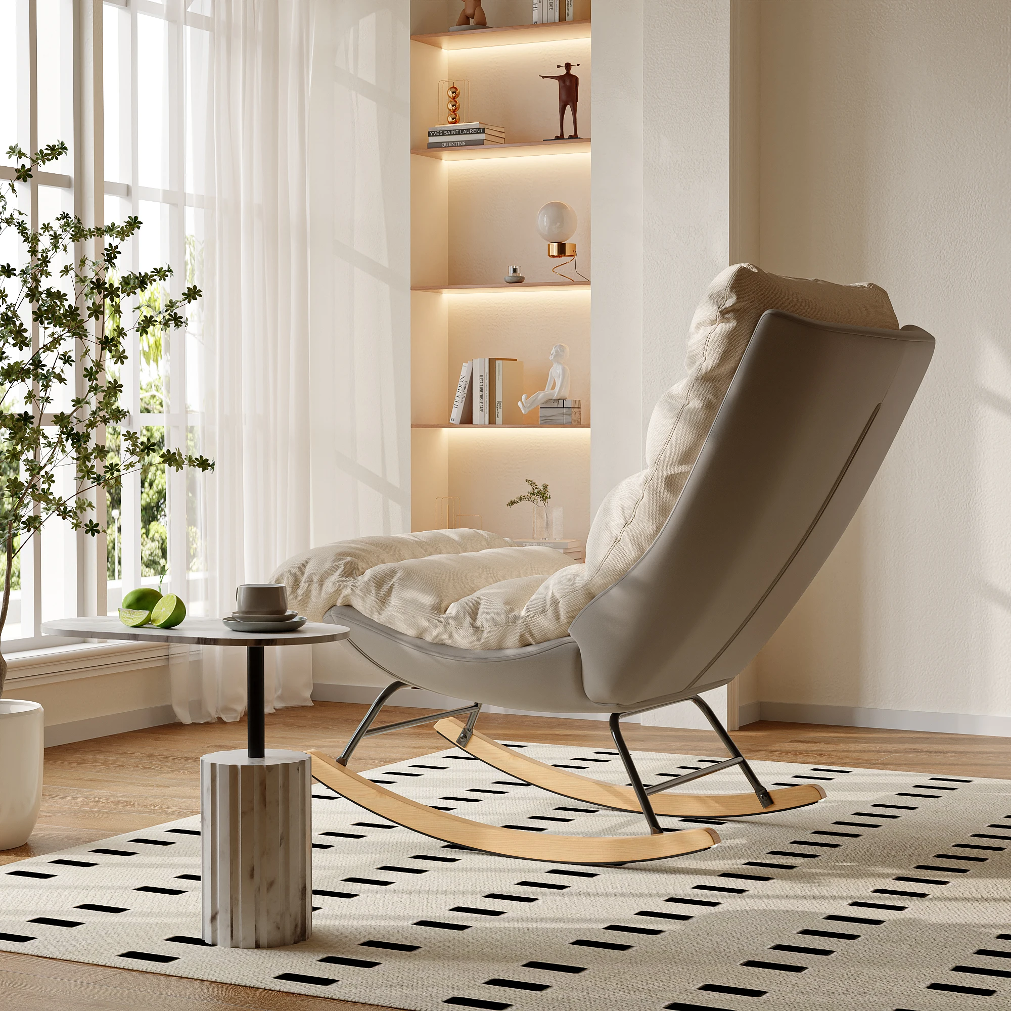 Comanlai Schaukelstuhl, Relaxsessel, Schaukelstuhl mit Metall-Holzbeinen, Gepolsterter Schaukelstuhl für Wohnzimmer, Schlafzimmer, Beige