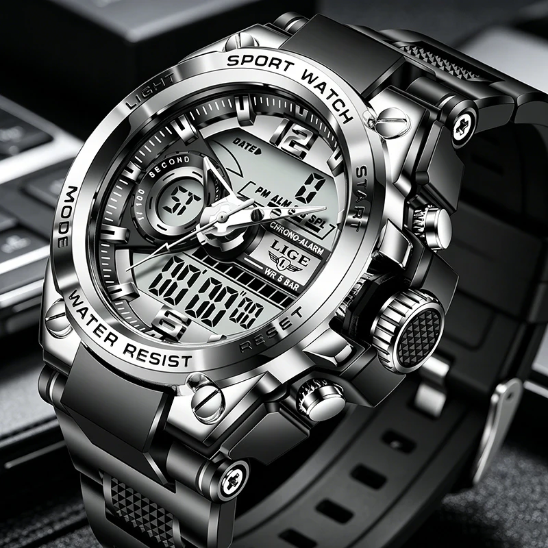 Montre de sport pour homme LIGE, étanche 50 m, double affichage analogique-numérique, rétroéclairage LED, chronographe, montre à quartz, coffret cadeau