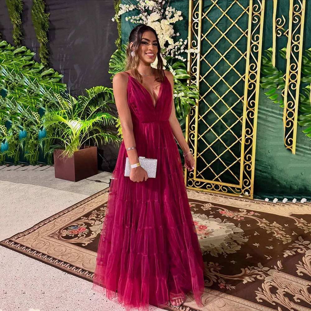 Msikoods Evening Dresses 2026 V Neck Tulle Tiered Wedding Guest Dress Sleeveless Prom Dress Floor Length Party Gown Customized