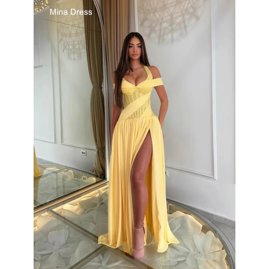 Mina Customized Yellow Off-shoulder Straps With High Slits Wedding and Evening Dresses Elegant Luxury Curvy Party Dresses Rochi