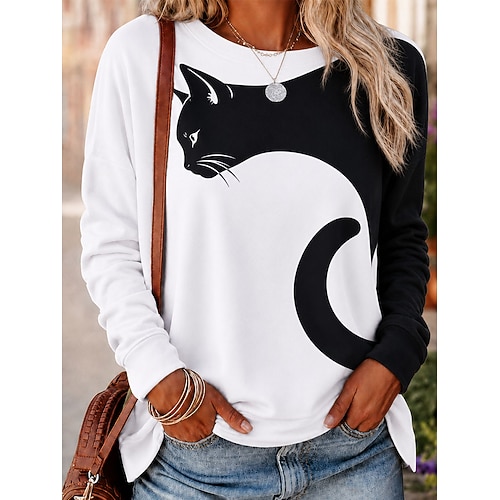 Damen Pullover Sweatshirt Druck Grafik Tiermotiv Mode Lässig Langarm Rundhalsausschnitt Rundhals Normale Oberteile Lässig Straße Alltagskleidung Weiß Schwarz und Weiß Schwarz Elfenbein Herbst Winter