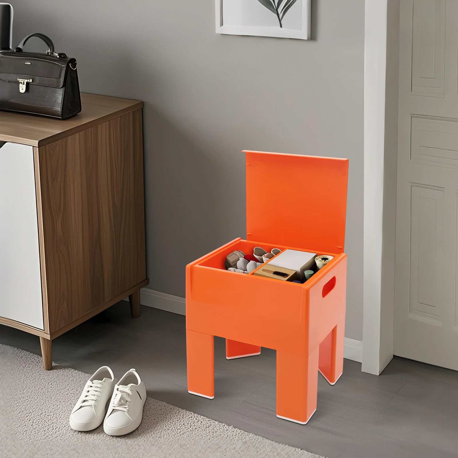 Multifunktionaler Aufbewahrungshocker, Schuhbank, Niedriger Hocker mit Stauraum für Eingangsbereiche, Wohnzimmer, Schlafzimmer, Gärten