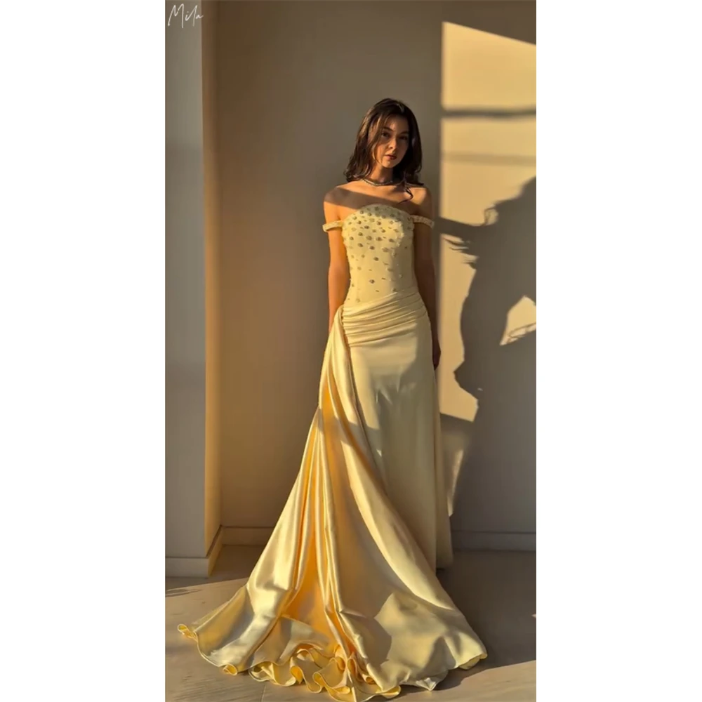 Mila Customized Cream Yellow Off the Shoulder Crystal Prom Dress Sleeveless Pleats Vestidos De Noche Floor-Length Formal Evening