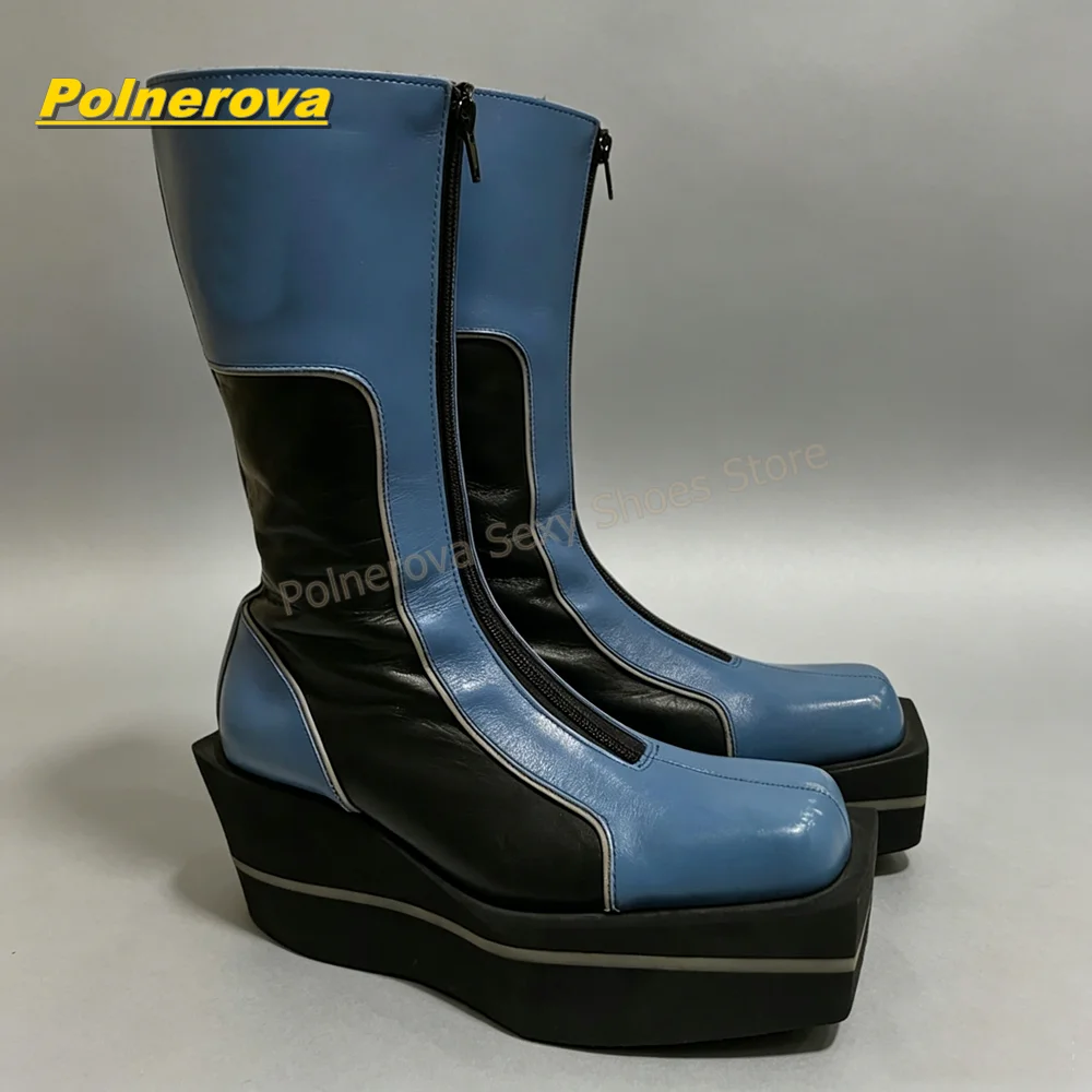 Y2K Blau-Schwarze Plateau-Kniehohe Stiefel mit Quadratischer Spitze, Reißverschluss-Verzierung, Keilabsatz, Futuristische Techwear Streetwear Mode-Schuhe 2026