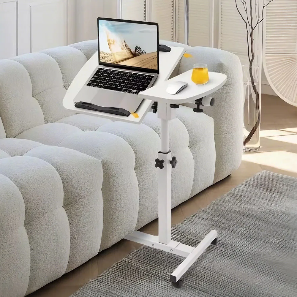 Mobiler Laptop-Schreibtisch mit Rollen, höhenverstellbarer Bett-Beistelltisch, 180° neigbarer Computerständer mit Sicherheitskantenschutz, Rollbarer Notebook-Tisch aus Kohlenstoffstahl für Home-Office, Sofa, Bett, Weiße Schlafzimmermöbel