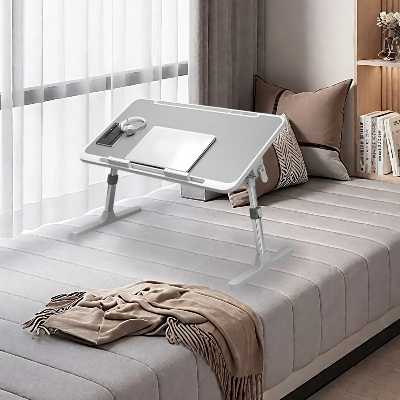 Tragbarer, neigbarer Laptoptisch, Höhen- und Winkelverstellung für Bett, Sofa, Fensterbank, ergonomisches Design, 2 Barrieren, faltbares Design