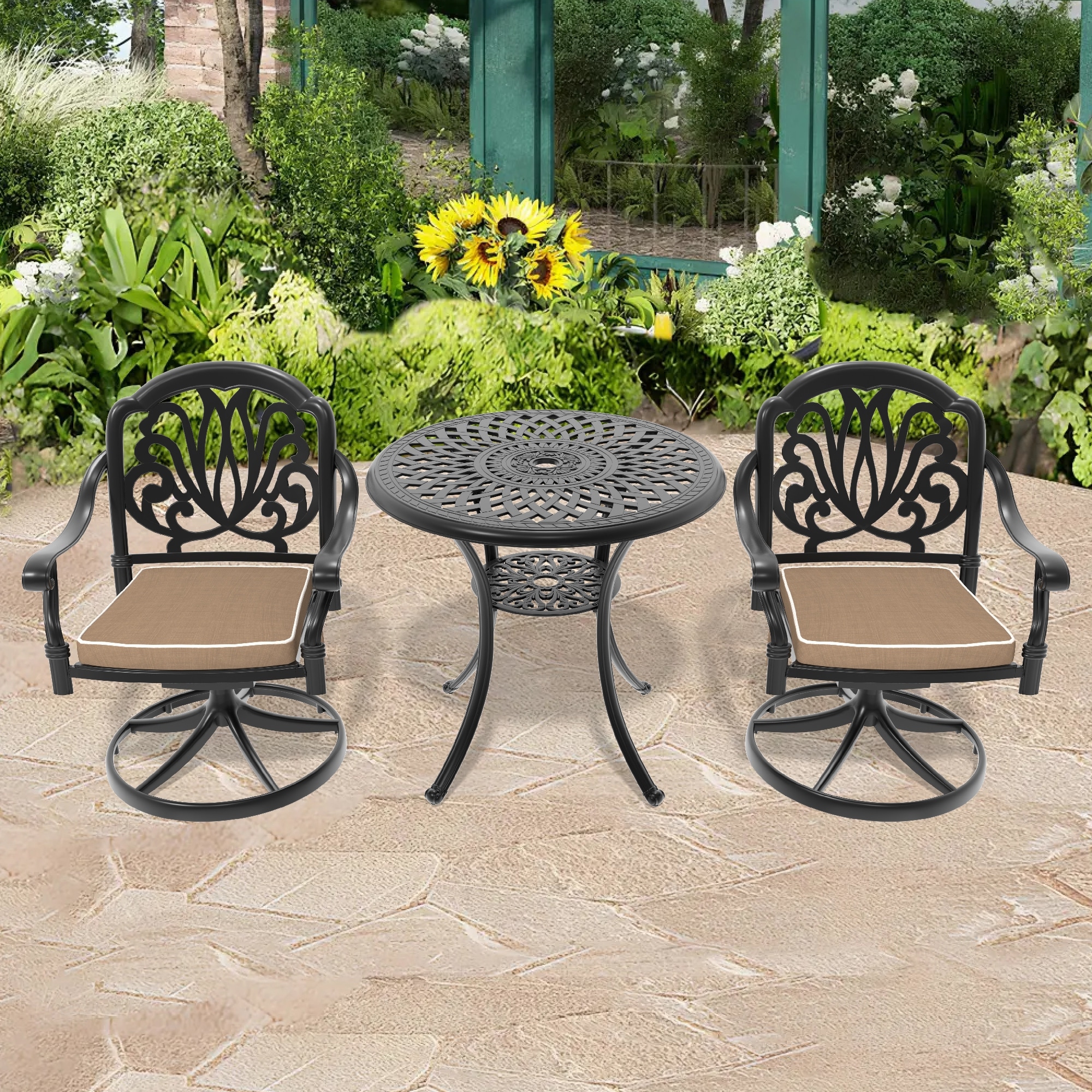 3-Piece Patio Furniture Dining Set, Outdoor All-Weather Cast Aluminum Furniture Set, Round Table with Umbrella Hole