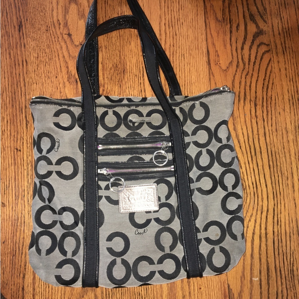 Coach Bags | Coach Authentic Grey Tote Handbag Purple Interior Medium Size Handbag | Color: Black/Gray | Size: Medium
