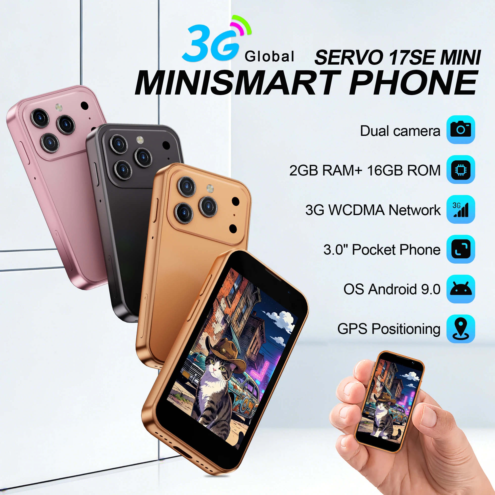 SERVO 17SE Mini-Smartphone Android Dual-SIM 3G-Netzwerk 2GB RAM 16GB ROM 3,0-Zoll-Tiny-Screen ‌ Smartphones mit Gesichtserkennung GPS WLAN Kamera Kleines Taschen-Handy