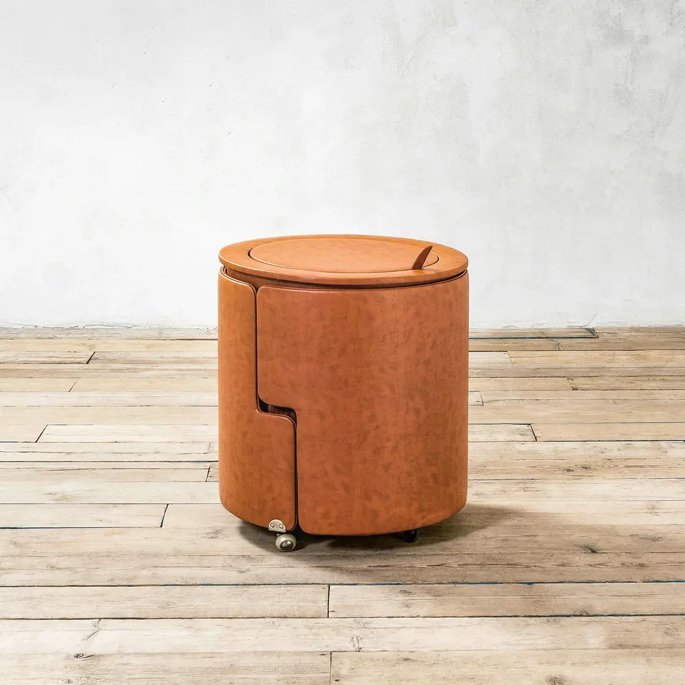 # Mid-Century Dilly Dally Schminktisch und Hocker, Runder Leder-Holz-Schminktisch mit Spiegel, Designer-Kommode