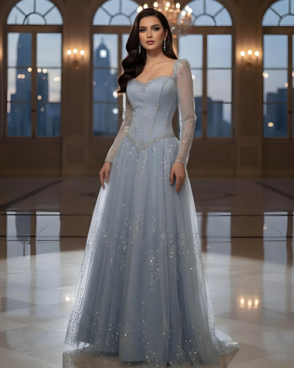 Customized Sparkle Women Tulle Rhinestone Sequined A-Line Evening Dress Fashion Square Neck Long Sleeves Floor Lenght Party Gown
