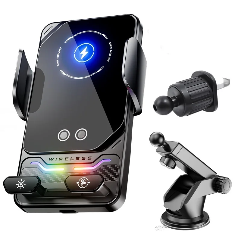 15W Universelles kabelloses Auto-Handy-Ladegerät mit Halterung und automatischer RGB-Lichtsensorik für Samsung S26 iPhone 17 16 15 14 13 12 11 Pro Max