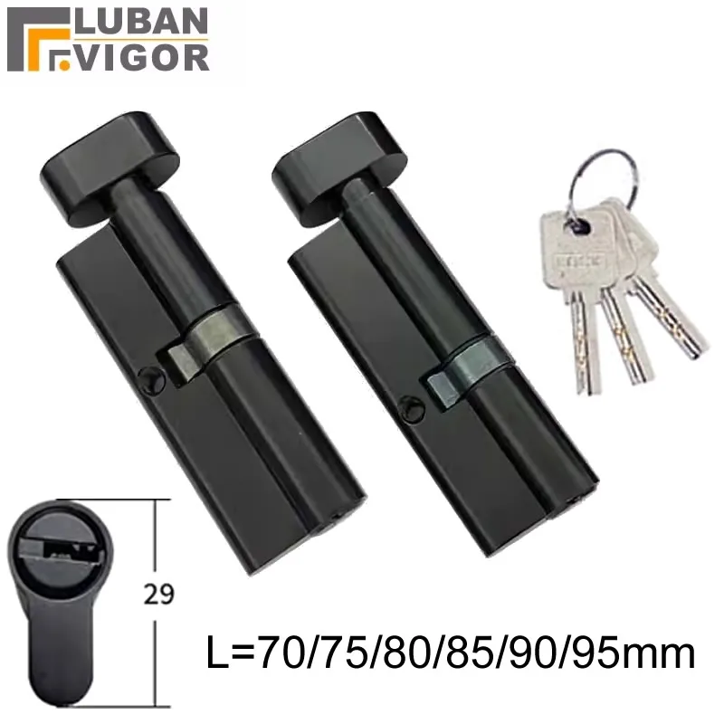 Schwarzer Schließzylinder mit Teilloch und Knopfhöhe 29 mm, Länge 70 75 80 85 90 95 mm mit 3 Schlüsseln, Messingmaterial für Innentüren