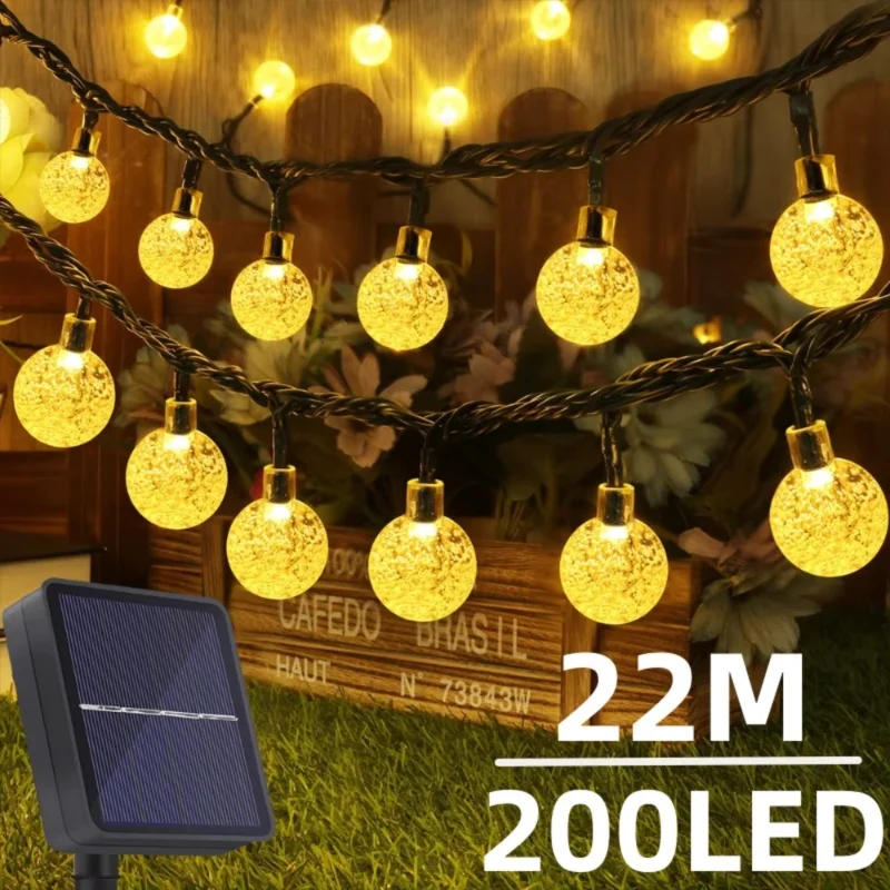 22 m lange Solar-Lichterkette für den Außenbereich, LED-Kristallkugel-Lichter, wasserdichte Solar-Lichterkette für den Garten, Weihnachten, Außendekoration
