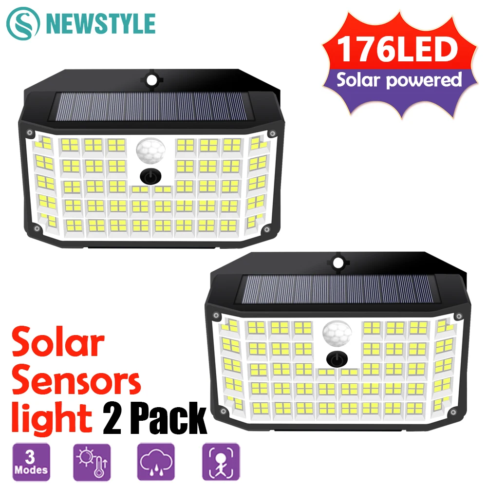 176 LED-Solarleuchten für den Außenbereich, wasserdicht, Bewegungsmelder, solarbetriebene Flutlichter, Sicherheitswandleuchten, 3 Modi, Hof, Deck, Garten