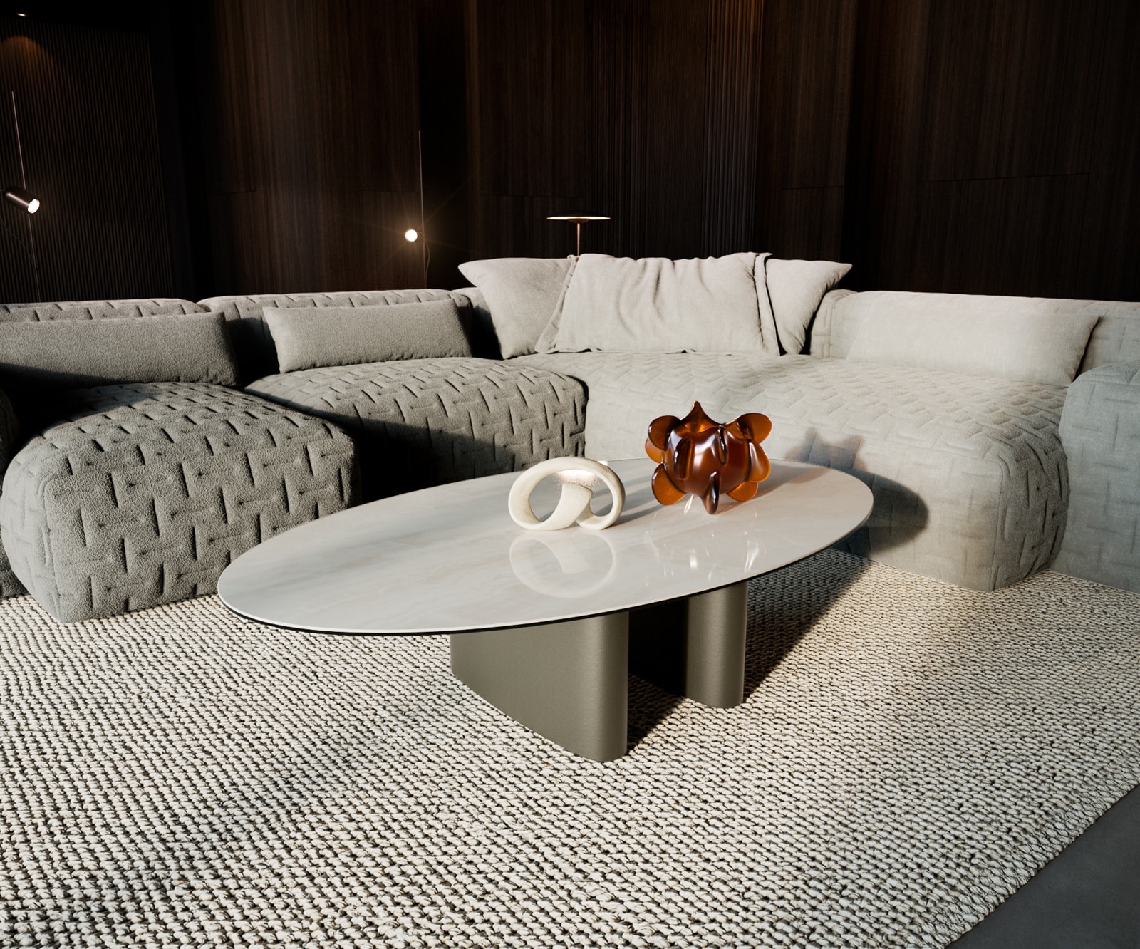 DELIFE Couchtisch Edge Oval 140x80 cm Keramik Onyx Champagne Ovada Effektfinish Titan, Couchtische