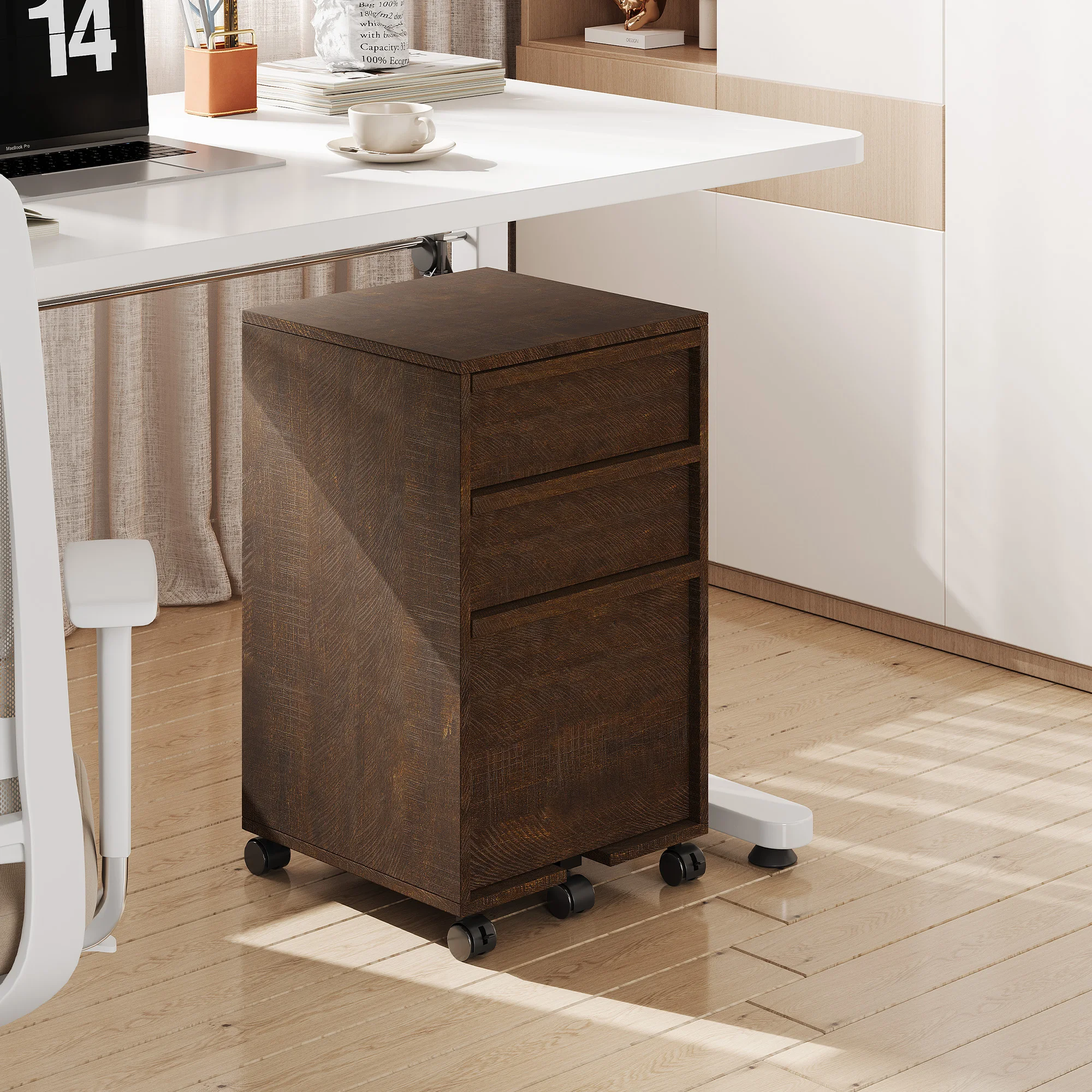 Rollbarer Aktenschrank mit 3 Schubladen, Mobiler Holz-Aktenschrank für Heimbüro, Unter-Schreibtisch-Druckerständer mit Rollen, Großer Aktenschublade, 2 Verriegelbare Rollen