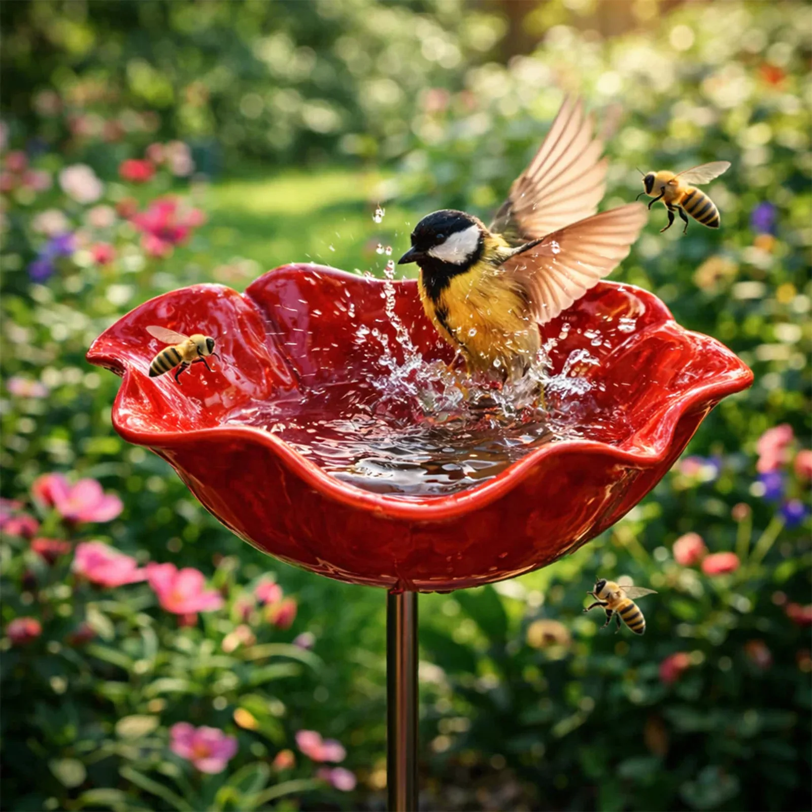 Bee Bath for Garden with Flower Design Butterfly Bee Bath Bowl Decorative Metal Flower Garden Stake for Outdoor Yard Decor