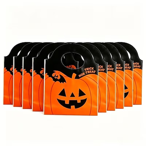 50 Halloween-Geschenktüten mit Henkeln, Kürbis-Laternen-Tüten aus Kunststoff, Geschenktüten für Süßigkeiten zum Süßes-oder-Saures-Spiel, tragbare Snacktüten für Halloween-Partys, Aufbewahrungstüten