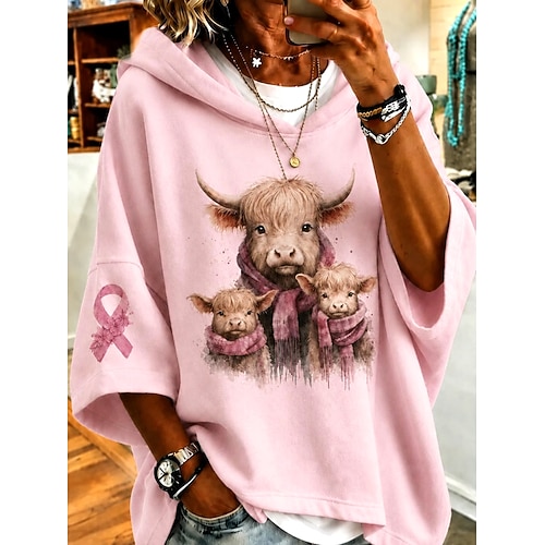 Damen Kapuzenpullover Tasche Druck Grafik Tiermotiv Vintage Lässig Boho Dreiviertelarm Mit Kapuze Normale Oberteile Lässig Straße Alltagskleidung Rosa Frühling Herbst Winter