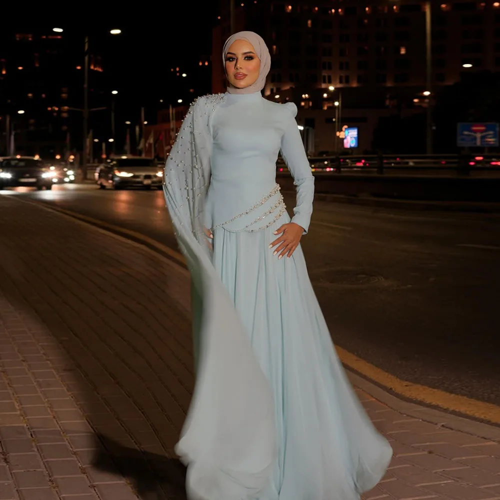 Amour Customized A-line Beads Muslim Evening Dresses Luxury Sky Blue Long Sleeves with Hijab High Neck Floor-length Prom Gowns