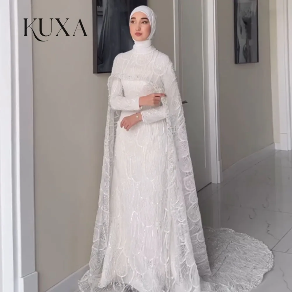 KUXA Customized Luxury Muslim Wedding Dresses 2-Piece Set Lace Floor-Length Full Sleeves A-Line Bridal Gowns Robe De Mariée 2026