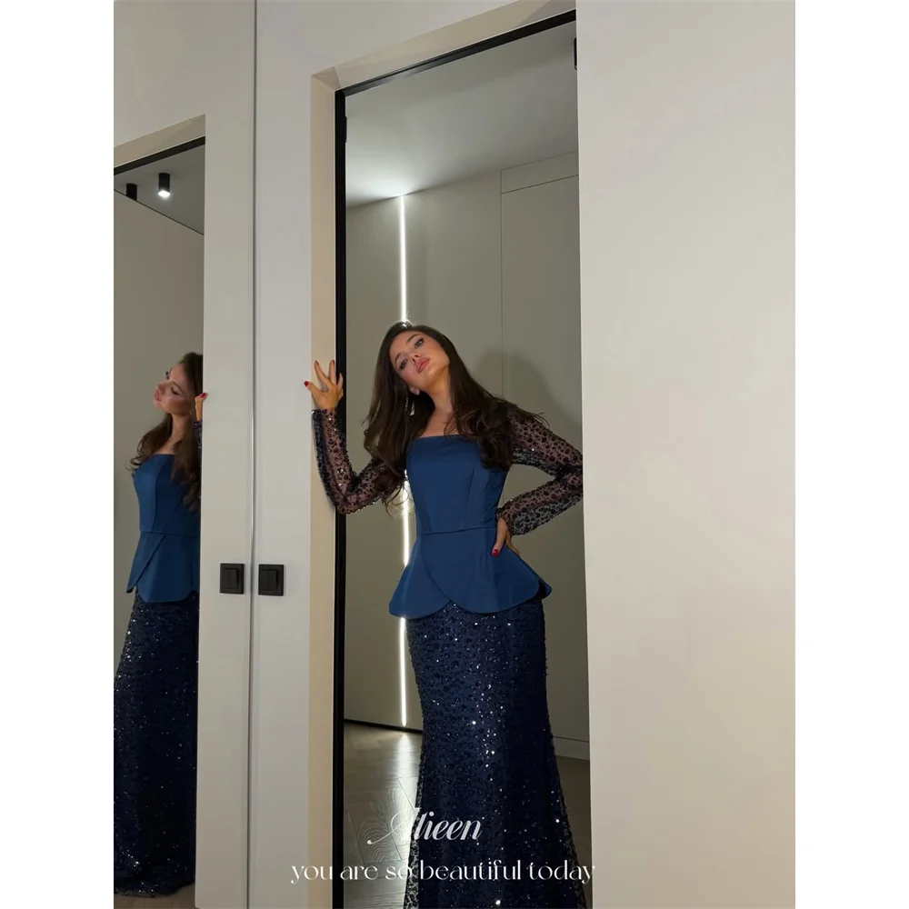 Aileen Sequin Square Collar navy Mermaid Evening Dress 2026 Prom Dress Elegant Luxury Sequined Customized Robes de Soirée