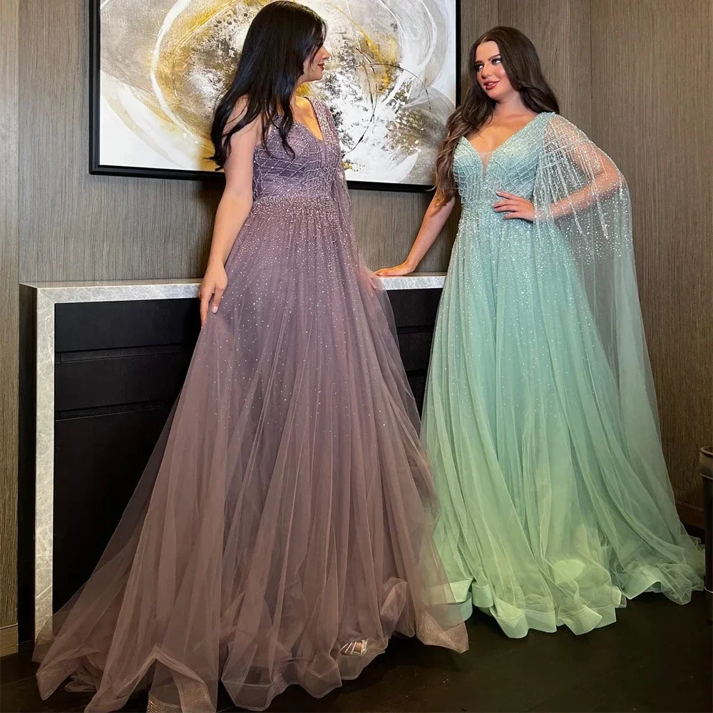 Luxury Beading Sequins Prom Dresses V Neck One Shoulder A-Line Party Dress Floor Length Cap Sleeve Tulle Formal Evening Gowns